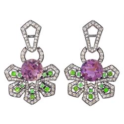 Pair of silver black rhodium plated amethyst, chrome diopside and diamond geometric earrin...