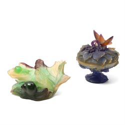 Two Daum Pate de Verre dishes, one with cover, naturalistically formed and decorated with ...