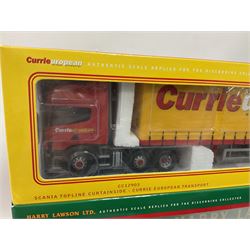 Corgi - three limited edition 1:50 scale heavy haulage vehicles comprising CC13404 MAN TGA Curtainside with Moffett Mounty Norman Emerson & Sons Ltd; CC12418 Volvo FH12 Globetrotter Curtainside Harry Lawson Ltd; and CC12903 Scania Topline Curtainside Currie European Transport; all boxed (3)