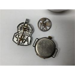 Pair of Georgian silver dress buttons, silver caddy spoon, silver fob medals, silver watches, set of six silver plated teaspoons, set of gilt buttons with ship design, etc