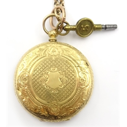  Continental gold pocket watch stamped 18K, on 9ct gold (tested) cable link chain 61.3gm gross with key  