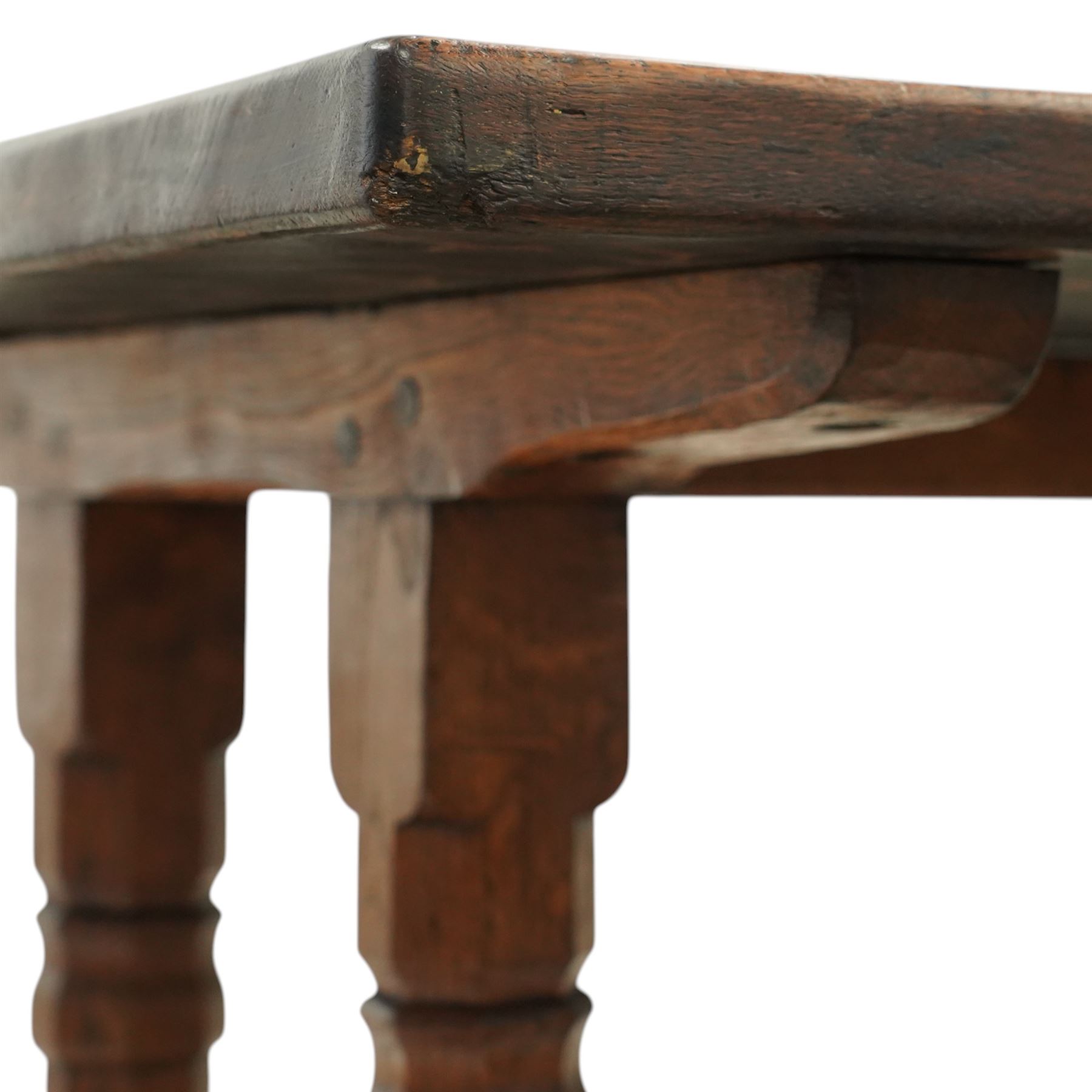 Mouseman - 1937 refectory table, Sir Herbert Baker commission for Westminster Church House, the rectangular adzed plank top above twin octagonal baluster supports united by a pegged stretcher, raised on shaped sled bases carved with a partridge and a loaf of bread, with carved mouse signature to inside leg, by Robert Thompson of Kilburn

The carved loaves reference the original patron, while the partridges are thought to represent Frank Partridge, Bishop of Portsmouth from 1877 to 1941, who played a key role in the founding of Church House and served as its Secretary from 1936 until 1941

Reference
Christie’s ROBERT “MOUSEMAN” THOMPSON; Refectory Table, Lot 188, sold at Christie’s London, commissioned by Sir Herbert Baker KCIE, RA, architect of Church House (opened 1937). Provenance and description available on the Christie’s website
https://www.christies.com/en/lot/lot-4618786