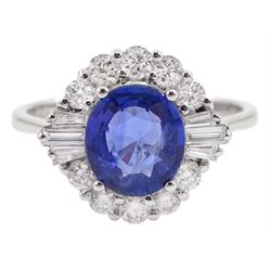 18ct white gold oval sapphire and tapered baguette and round brilliant cut diamond cluster ring, stamped 750, sapphire approx 1.60 carat, total diamond weight approx 0.50 carat
