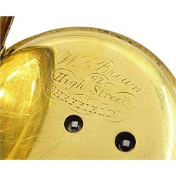Victorian 18ct gold open face key wound cylinder ladies pocket watch, gilt dial with Roman numerals, the back case with blue enamel forget me not flower and pink flower decoration and engraved 'Fanny Tinker Sep 20 1878 in memory of Catherine Maria Osborne', retailed by W Brown, Sheffield, stamped 18K