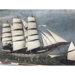 Ship Diorama, three-masted clipper at sea against a painted background, H52cm, L87cm