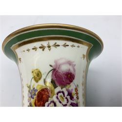 Early/mid 19th century Rockingham spill vase, circa 1830-1842, of tapering cylindrical form, decorated with hand painted floral spray within a gilt bordered panel, against an apple green ground, with puce printed mark beneath, H11cm