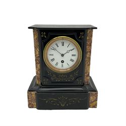 Belgium slate mantle clock c1880 with a flat top and break front case, with incised decoration and variegated sienna and amber marble inlay to the front, eight-day timepiece movement with an enamel dial, Roman numerals, minute markers and steel moon hands. With pendulum.

