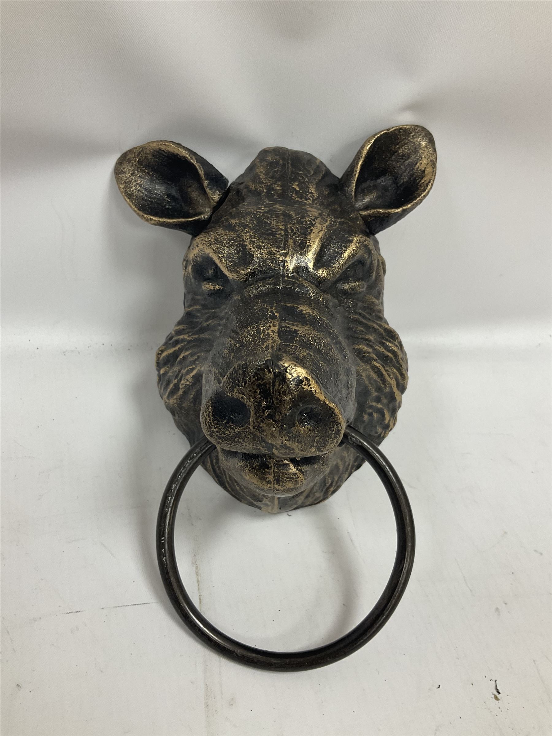 Bronzed effect painted cast iron wall hanging Boar head with metal ring, H24CM