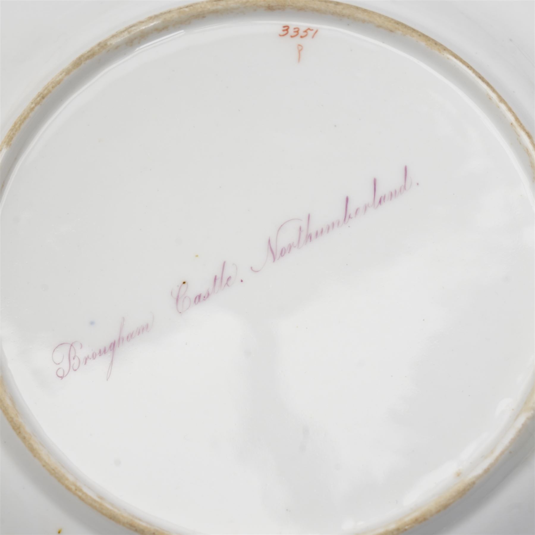 Set of five Derby plates with painted landscapes by Henry Lark Pratt, within gilt detailed swept boarders, the scenes comprising 'Brougham Castle - Northumberland' 'Eglinton Castle' 'Tivoli' and 'Blickling - Norfolk', with painted titles to base, pattern no. 3351 (5)