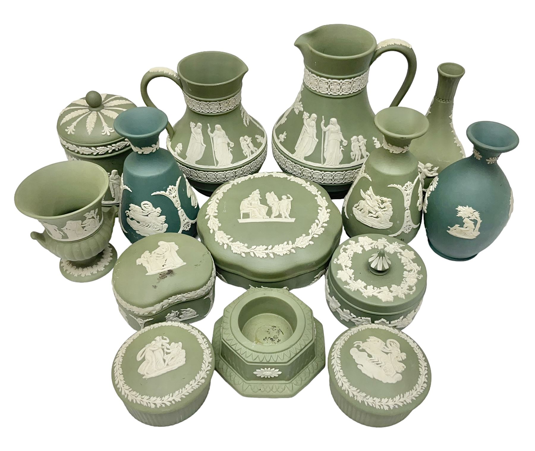Collection of  Wedgwood green Jasperware, to include large jug, vases, trinket dishes, etc together with two teal Jasperware vases 