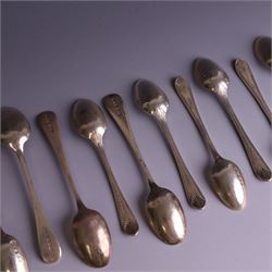 Set of ten silver late Victorian silver teaspoons, with beaded rimg and engraved fan design, hallmarked Thomas Bradbury & Sons, London 1891, and a set of five Victorian silver teaspoons with beaded rim, hallmarked Thomas Prime & Son, Birmingham 1890