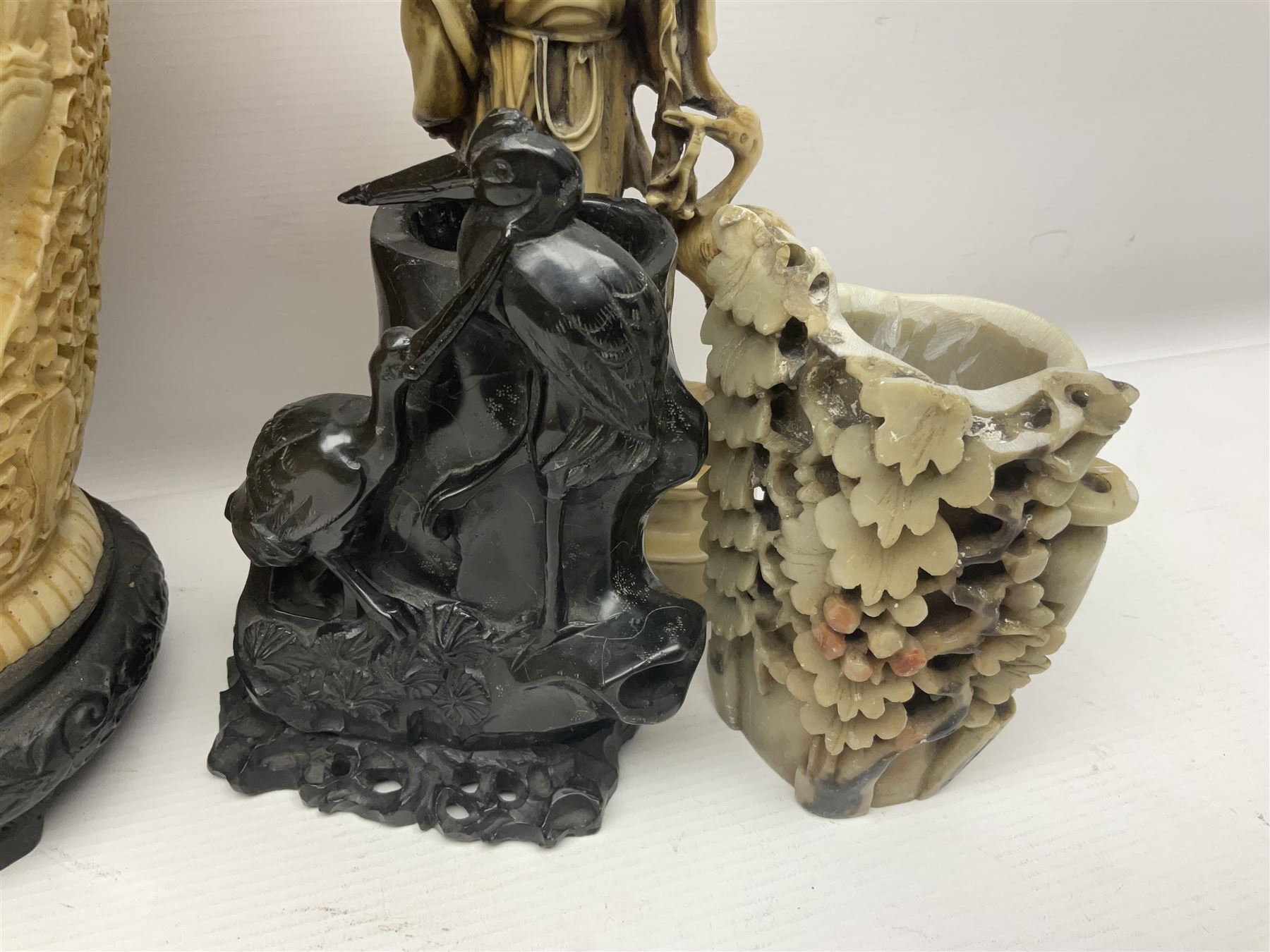 Collection of hardstone and soapstone, including hardstone seal carved temple dogs finial, inscription on base, together with inkwells, vases etc  