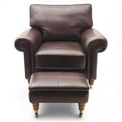 Laura Ashley - brown leather armchair and foot stool, loose cushion back and seat, flanked...
