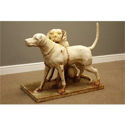  Life sized weathered cast iron figure of two labradors on rectangular plinth, one standing and one sitting, H82cm, W94cm  