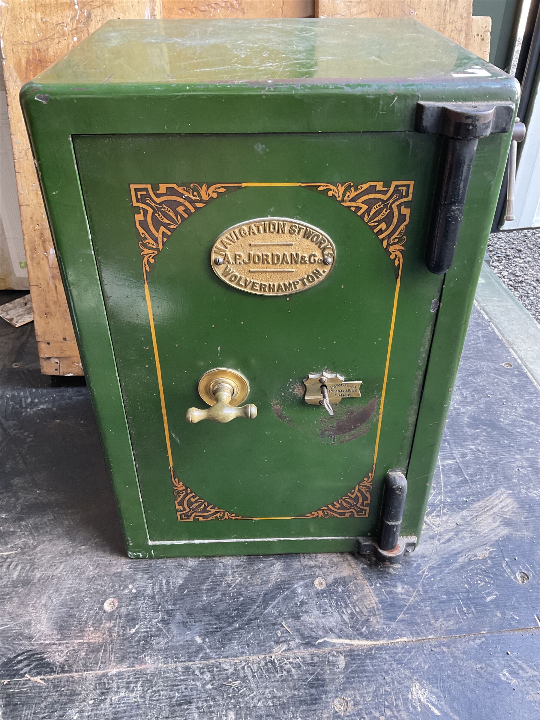 Antique Vintage Cast Iron Safe by A. P. Jordan & Co. of Wolverhampton, with key - THIS LOT IS TO BE COLLECTED BY APPOINTMENT FROM DUGGLEBY STORAGE, GREAT HILL, EASTFIELD, SCARBOROUGH, YO11 3TX
