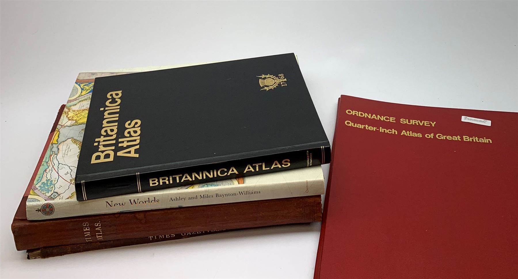 Bartholomew Times Survey Atlas of the World. 1922 with separate Gazetteer volume. Uniformly bound in half red morocco; Ordnance Survey Quarter-inch Atlas of Great Britain. 1969; Britannica Atlas; and New Worlds Maps from the Age of Discovery (5)