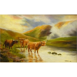  D Main (19th century): Portrait of a Horse and Dog, pair oils on canvas signed and dated 1880, 22cm x 17cm and Highland Cattle, pair oils on canvas signed and dated 1935 by S H Dennis 34cm x 55cm (4)  