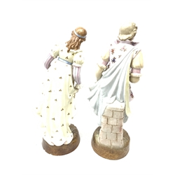 A pair of Continental porcelain figurines, the first modelled as a female figurine in floral dress, the second a male figure in similarly decorated outfit (a/f), each raised upon circular naturalistic base, with painted marks beneath, tallest H32cm, together with a set of six Cauldon China teacups and saucers with gilt key fret border. 