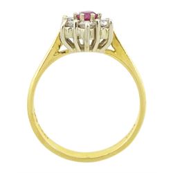 18ct gold round cut ruby and round brilliant cut diamond cluster ring, Birmingham import mark 1989, total diamond weight approx 0.30 carat