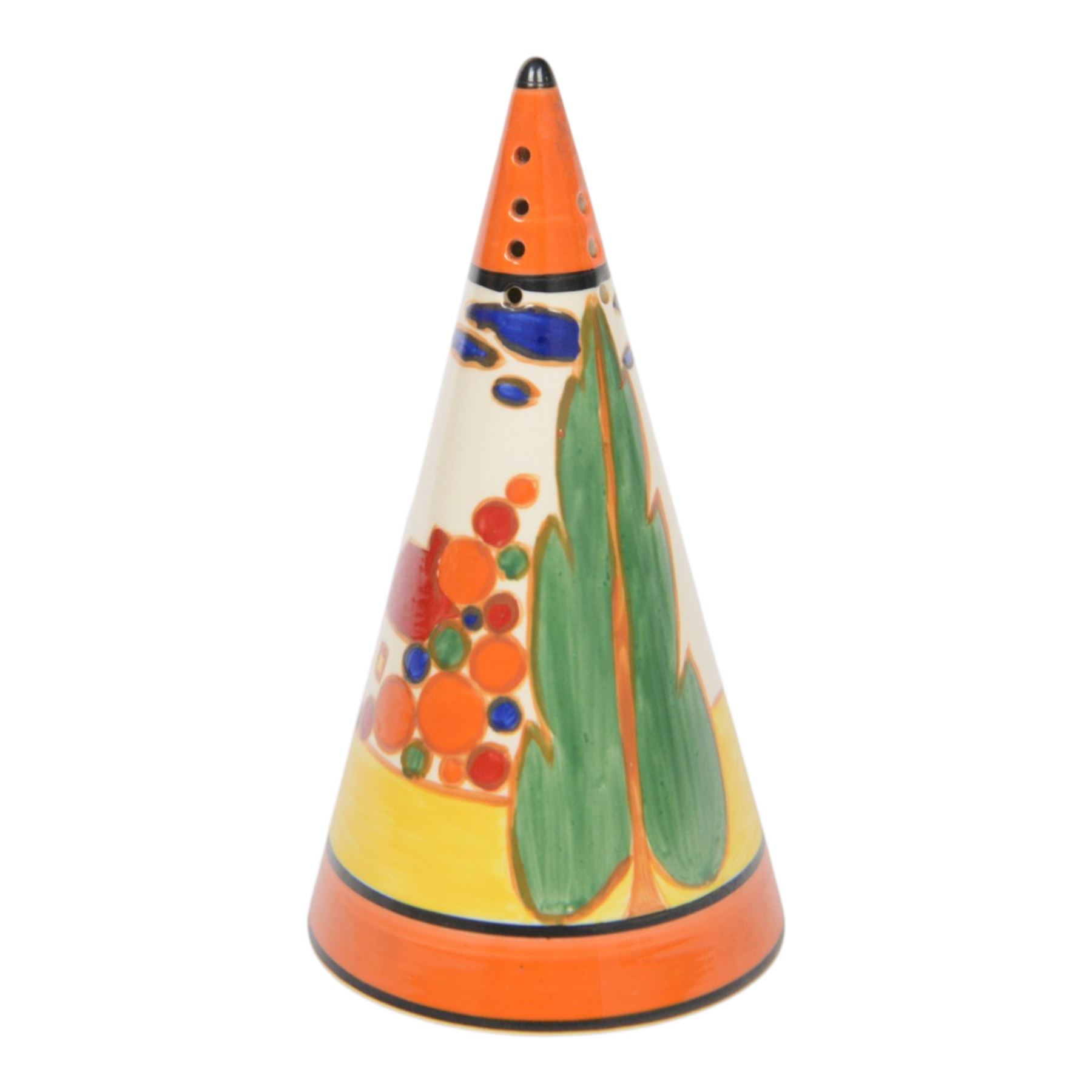 Wedgwood Bizarre by Clarice Cliff, four Conical Sugar shakers, comprising May Avenue, Trees and House, Sliced Circle and Orange Roof Cottage, all with certificates and boxes 