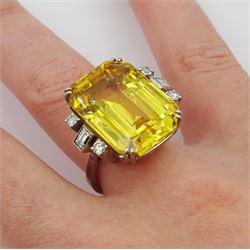 Palladium natural yellow sapphire ring, set with three baguette and round cut diamonds either side, sapphire approx 28.00 carat, with The Gem & Pearl Laboratory report stating no evidence of heat treatment, origin opinion Sri Lanka, colour transparent yellow