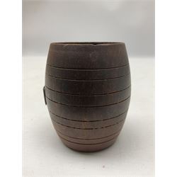 Treen miniature barrel with brass plaque entitled 'From the Teak of HMS Iron Duke Admiral Jellicoe's Flag Ship Jutland 1916' H17cm