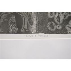 Gillian Ross Kelsey (British 1935-2025): 'Signs and Symbols', mixed media on paper signed and titled in pencil 14cm x 28cm