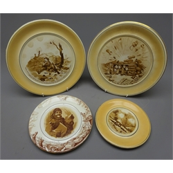  Bruce Bairnsfather, a pair of Grimwades circular plaques decorated with humerous scenes of WWl trench life, D25.5cm and another two smaller plaques, (4)  
