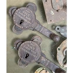 Victorian Edwin Cotterill's patent lock with key, a set of three 19th century chain padlocks, two W.E.Colt patent latch locks, a brass plaque engraved Gibbons London, six antique keys, etc.  - COLLECTION BY APPOINTMENT FROM: The White House, Thirsk Road, Easingwold, York, YO61 3NF - CALL 01723 507111 TO ARRANGE