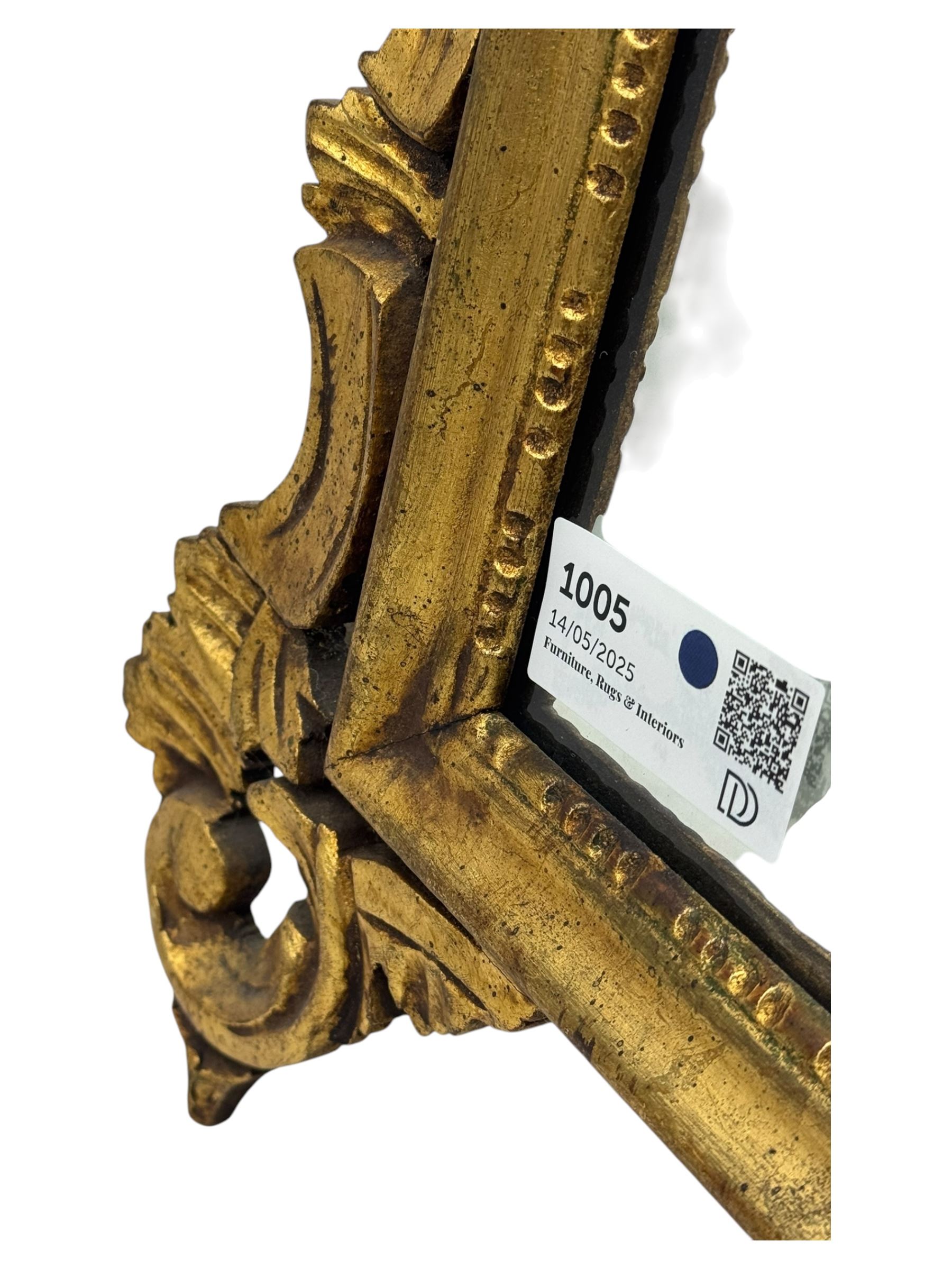 18th century design gilt framed wall mirror, within a pierced and scrolling foliate frame, leaf sprays and flowerhead cresting