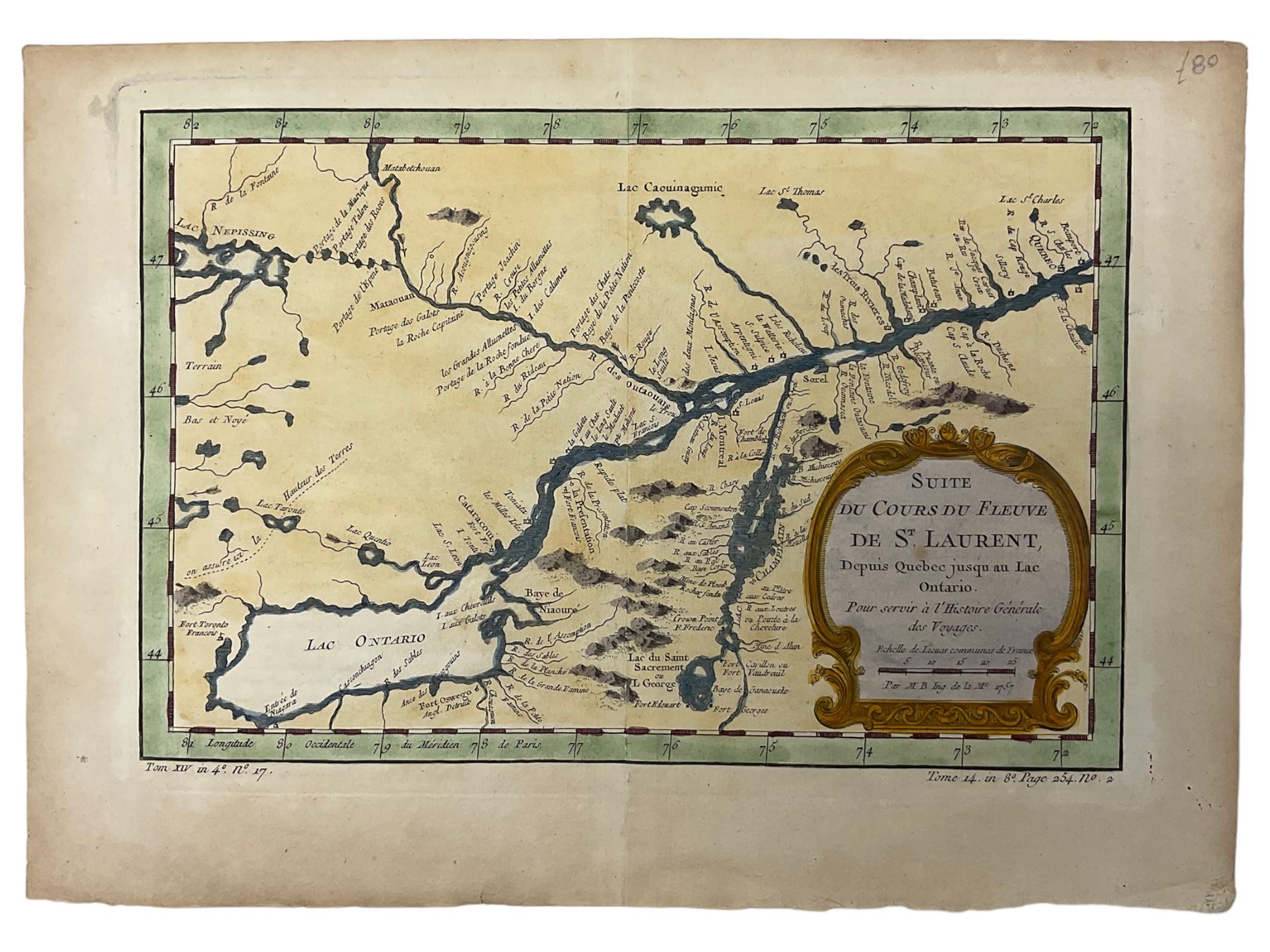 Jacques Nicolas Bellin (French 1703-1772): 'Suite du Cours du Fleuve de St. Laurent Depuis Québec jusqu'au Lac Ontario', 18th century engraved map with hand-colouring pub. c.1757 (unframed)