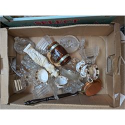 Collection of glassware and ceramics, including Royal Doulton figure 'Mary', rock crystal animal and dancer figures, tea wares, animal figurines, metal money boxes, etc, in four boxes 