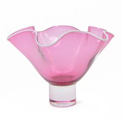 Gillies Jones of Rosedale, pink glass vase with crimped white rim on a pedestal foot, sign...