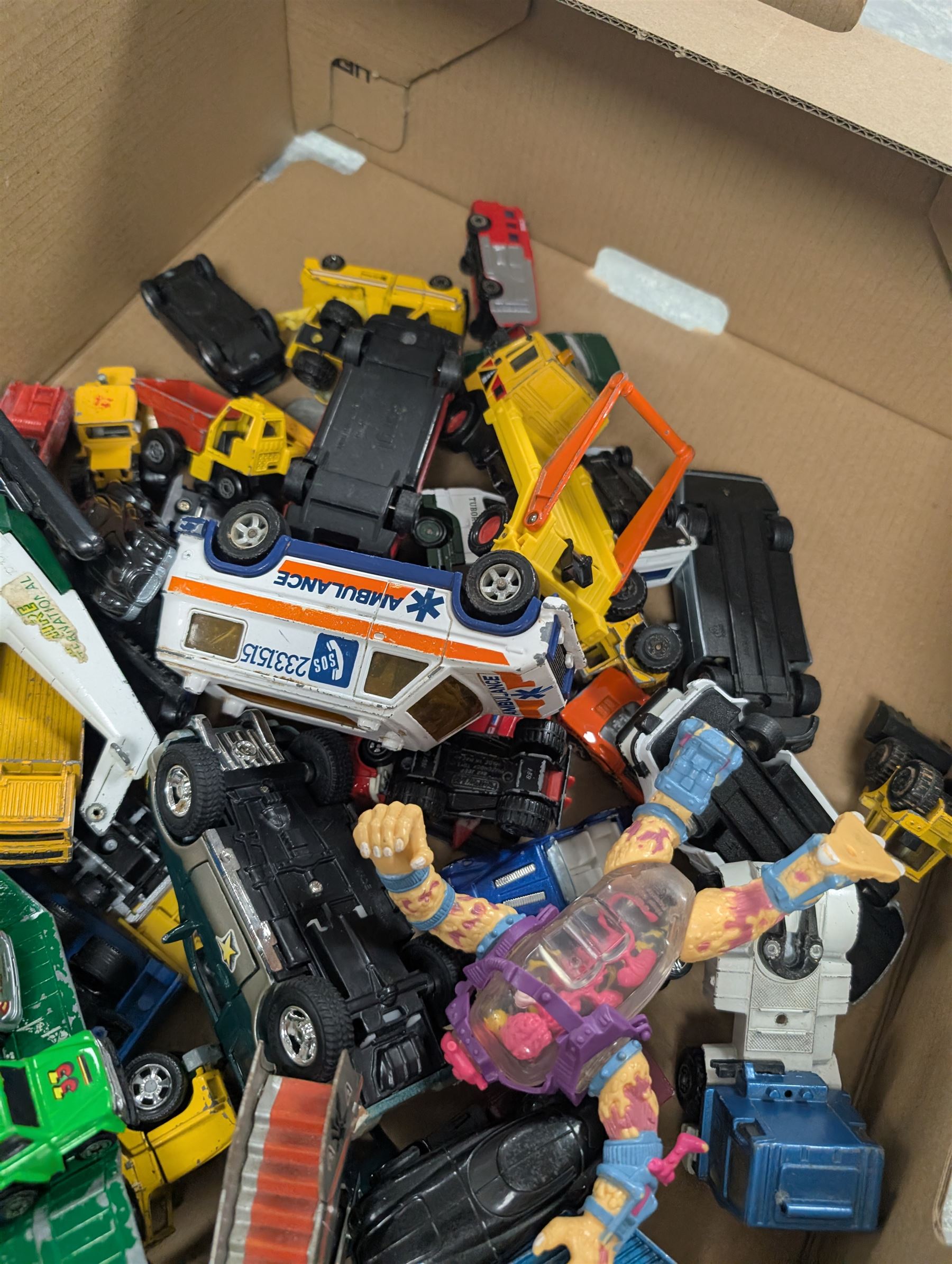 1970s and later Playmobil figures and accessories, refuse lorry and rescue helicopter and a collection of diecast cars, including Matchbox, Majorette, etc