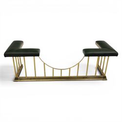 Regency design brass and green leather club fender, padded cushion corners