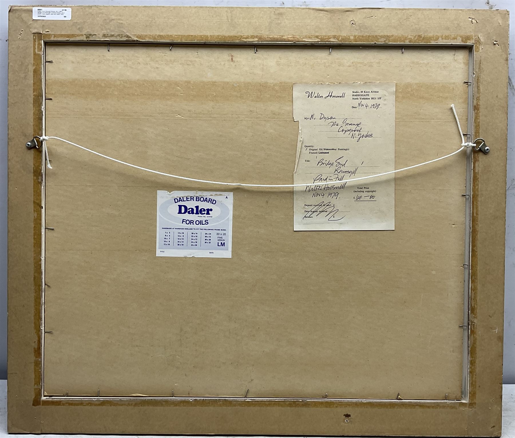 Walter Cecil Horsnell (British 1911-1997): 'Bridge End Ramsgill' Yorkshire Dales, oil on artist's board signed, titled and dated 1979 on original receipt verso 48cm x 58cm