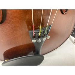 Small 20th century viola copy of a Tertis with a maple back and ribs and spruce top in a hard case with bow Length 60cm