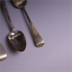 Three silver Old English pattern table spoons, including George III pair, and a set of six 1930s silver forks, all with engraved initials, all hallmarked