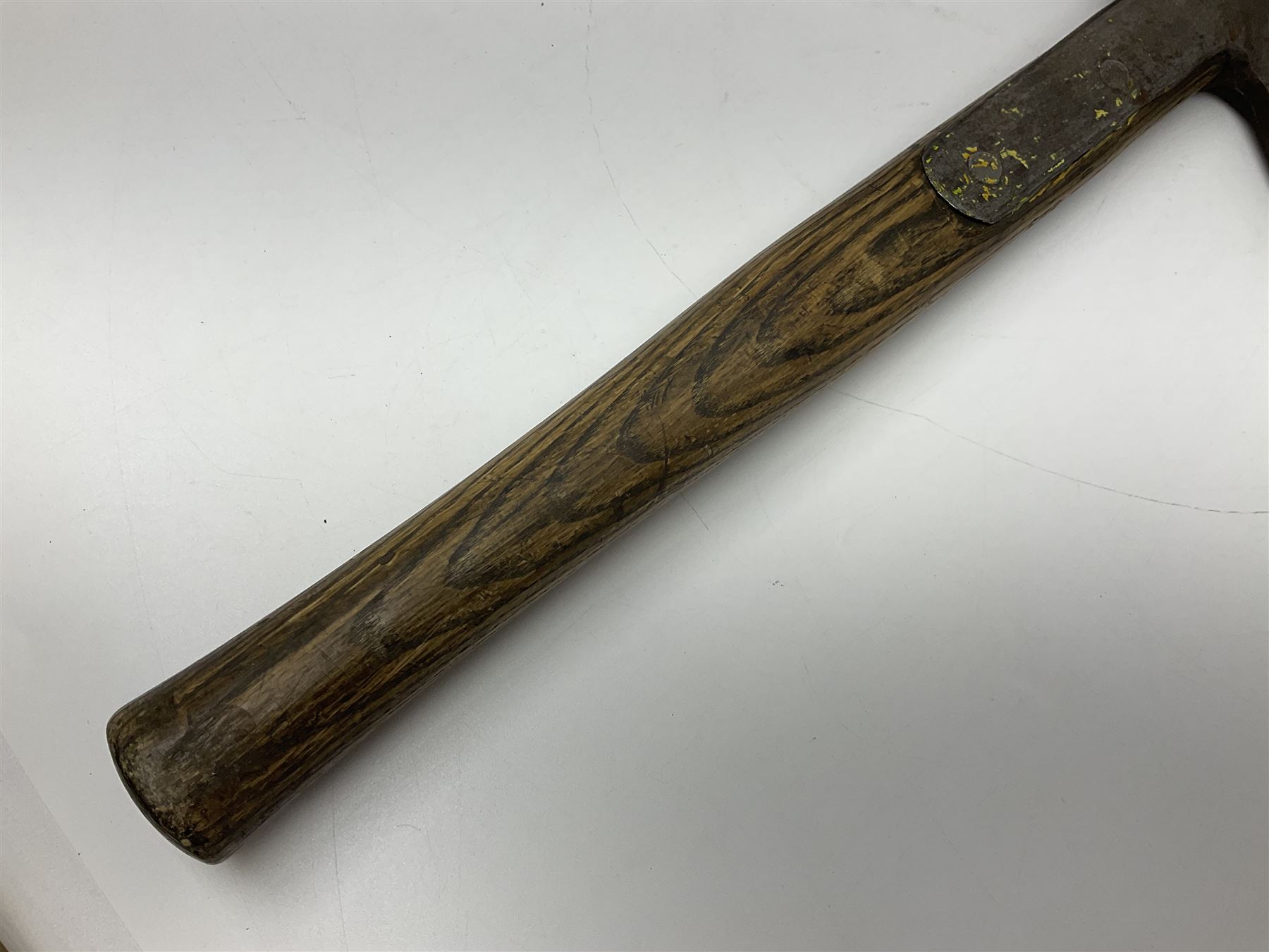 Post-War military type fireman's axe impressed 'PERKS 1953/54' with additional indistinct mark probably WD arrow, ash handle L39cm; and another stonemason's(?) double headed axe with mallet shaped shaft (2)
