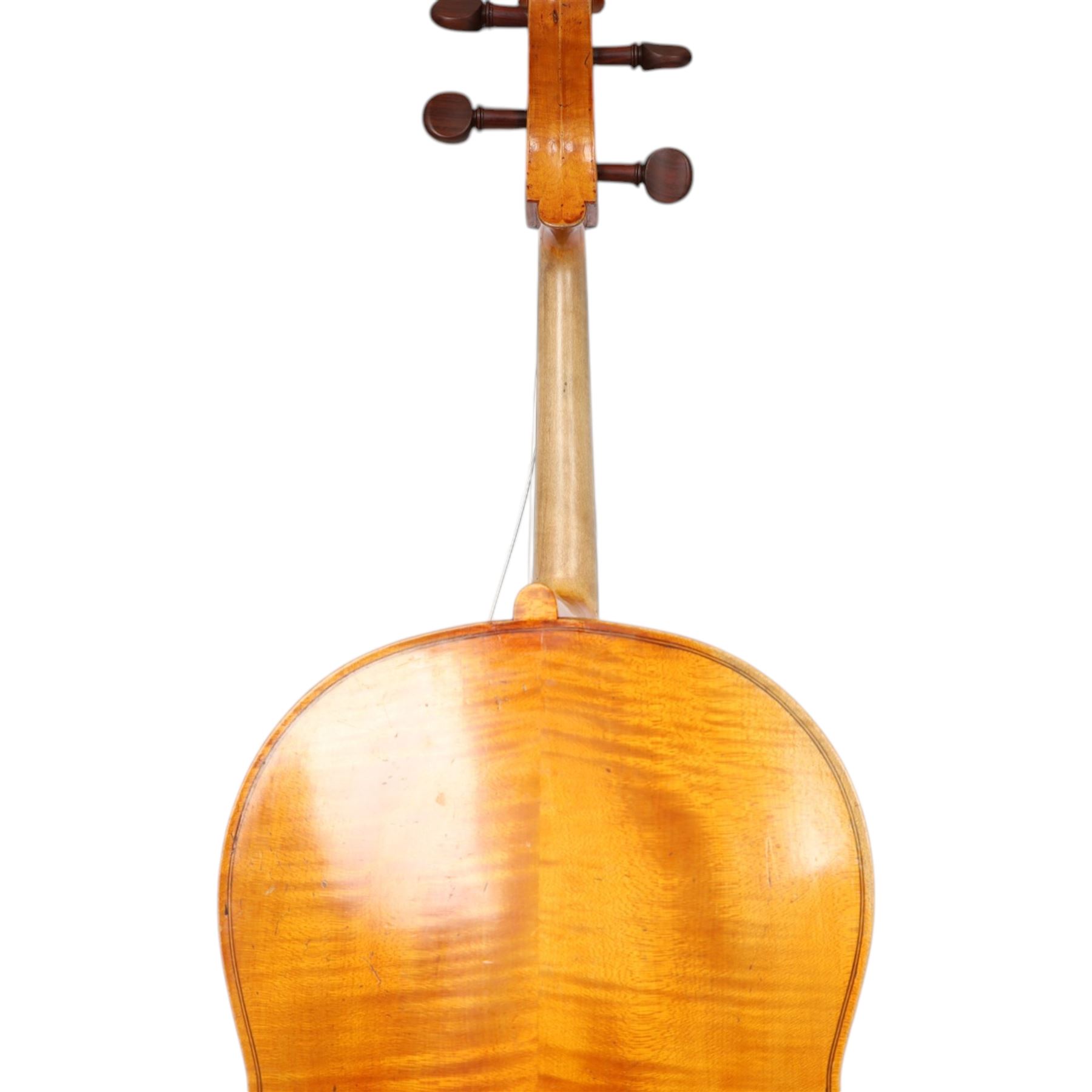 19th century cello, with two piece back and ebonised finger board, contained within a hardcase, cello back length 75cm