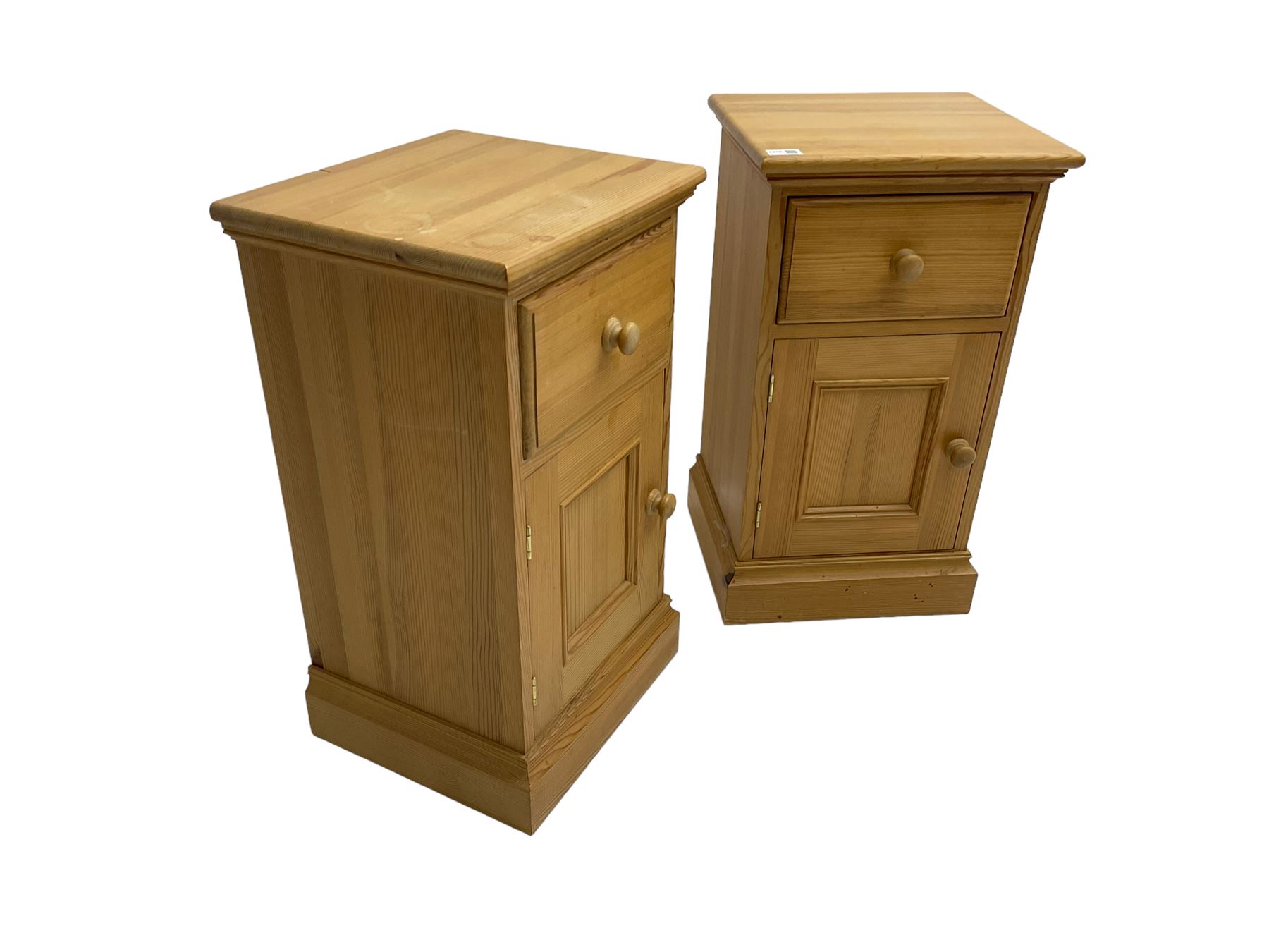Pair traditional pine bedside cabinets, single drawer over cupboard