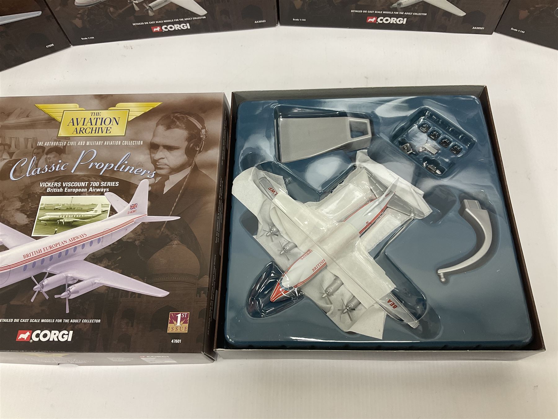 Corgi - Aviation Archive, eleven ‘Classic Propliners’ 1:144 scale models comprising Vickers Viscount models; 47601 700 Series British European Airways; 47602 Parcelforce; 47603 Continental Airlines; 47604 800 Series Lufthansa; 47605 700 Series British Eagle no.391/2900; 47606 806 Virgin Atlantic Airways; 47607 802 British European Airways; 47608 806 British Airways no.985/3000; 47609 836 British Midland Airways no.1530/2500; AA30501 800 Aer Lingus no.651/2100; AA30503 800 British Air Ferries no. 1131/2100; all boxed (11) 