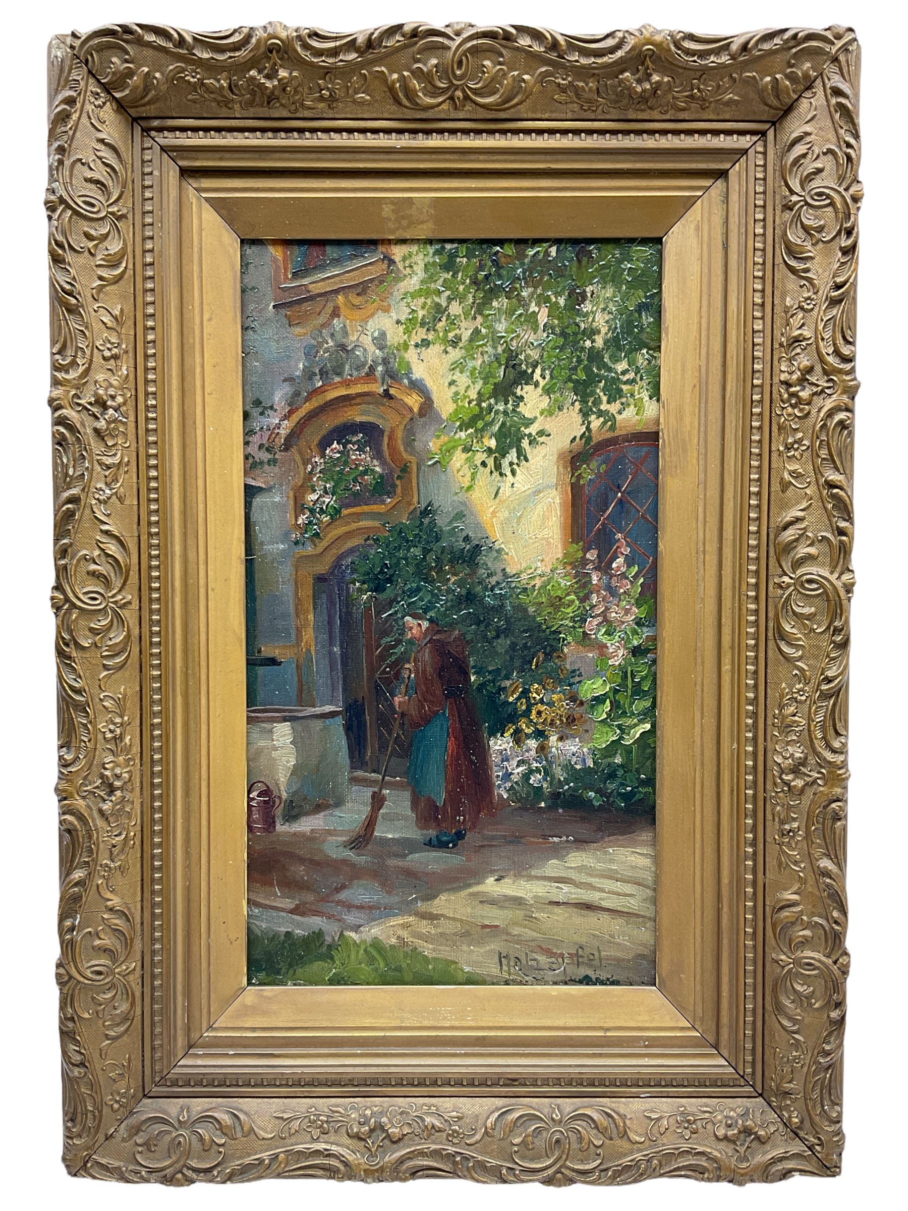 Hans Holzapfel (German 1884-1960): Monk Sweeping a Courtyard, oil on canvas mounted onto board signed 36cm x 20cm