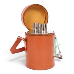 Pair of  Tudor stainless steel hip flasks in fitted leather case, H18cm, D12cm
