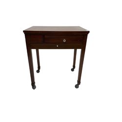 Mid-20th century mahogany spectacle selection stand, rectangular hinged top with inset bevelled mirror on inside, fitted with two shallow glasses drawers to each side and one deep drawer, square supports with castors