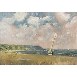 Don Micklethwaite (British 1936-): Launching Yachts at Filey, oil on board signed 24cm x 34cm