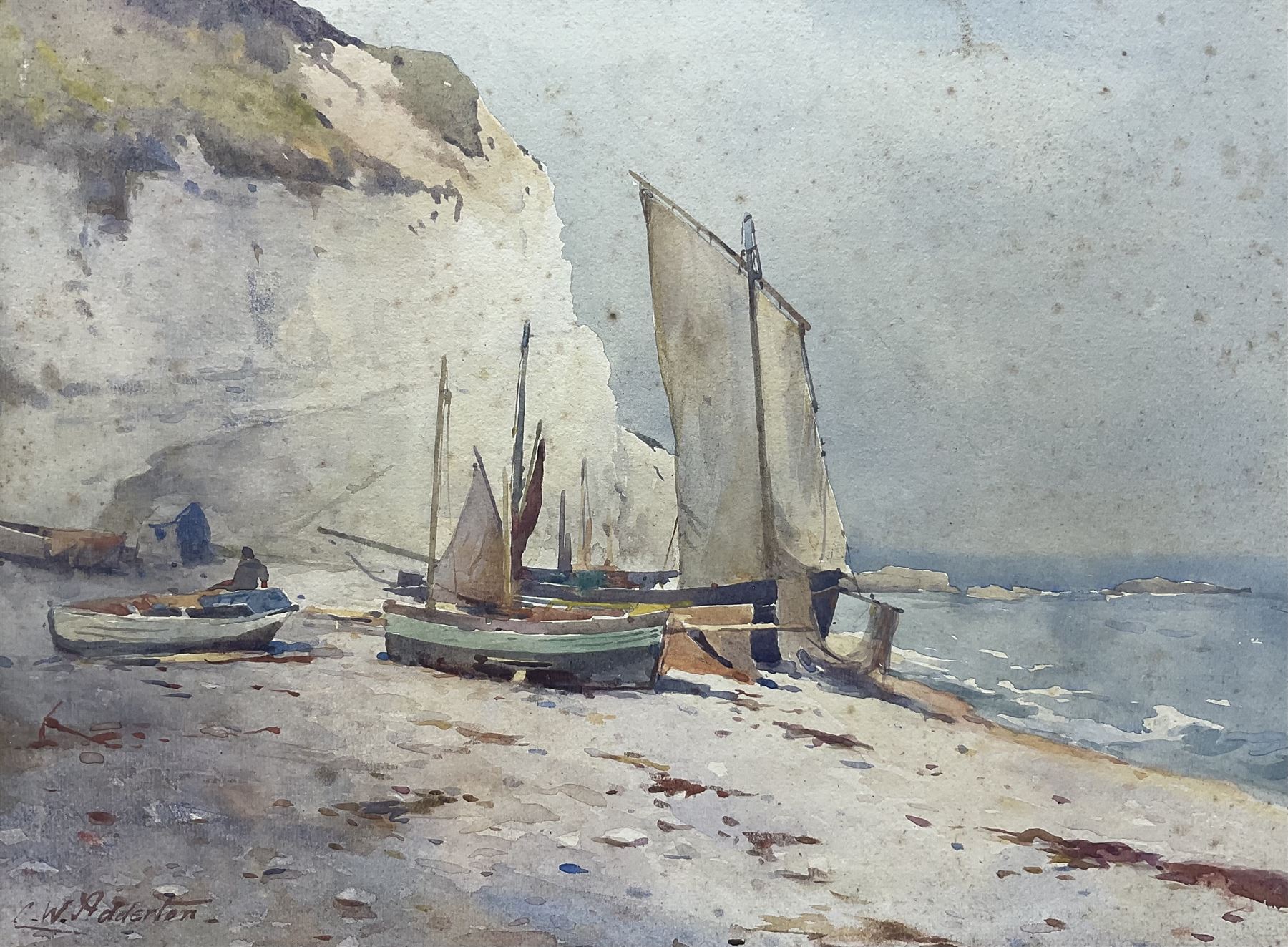 Charles William Adderton (British 1866-1944): Fishing Boats at Flamborough, watercolour signed 26cm x 35cm (unframed)
Provenance: direct from the family of the artist Harry Wanless 1872-1934, part of a collection never previously seen on the market
Notes: Adderton was a friend of the brothers Harry and Charles Wanless, all of whom studied under Albert Strange at the Scarborough School of Art School. Adderton had a studio at 55 Sandside, Scarborough between 1894 and 1901, he moved to Ockbrook Derby and later to Robin Hoods Bay where he was a member of the Fylingdales Group of Artists
