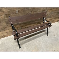 20th century tree cast iron and timber slatted garden bench, black painted frame with stained wood