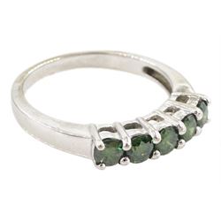 18ct white gold five stone, round brilliant fancy green diamond ring, hallmarked, total diamond weight approx 0.55 carat