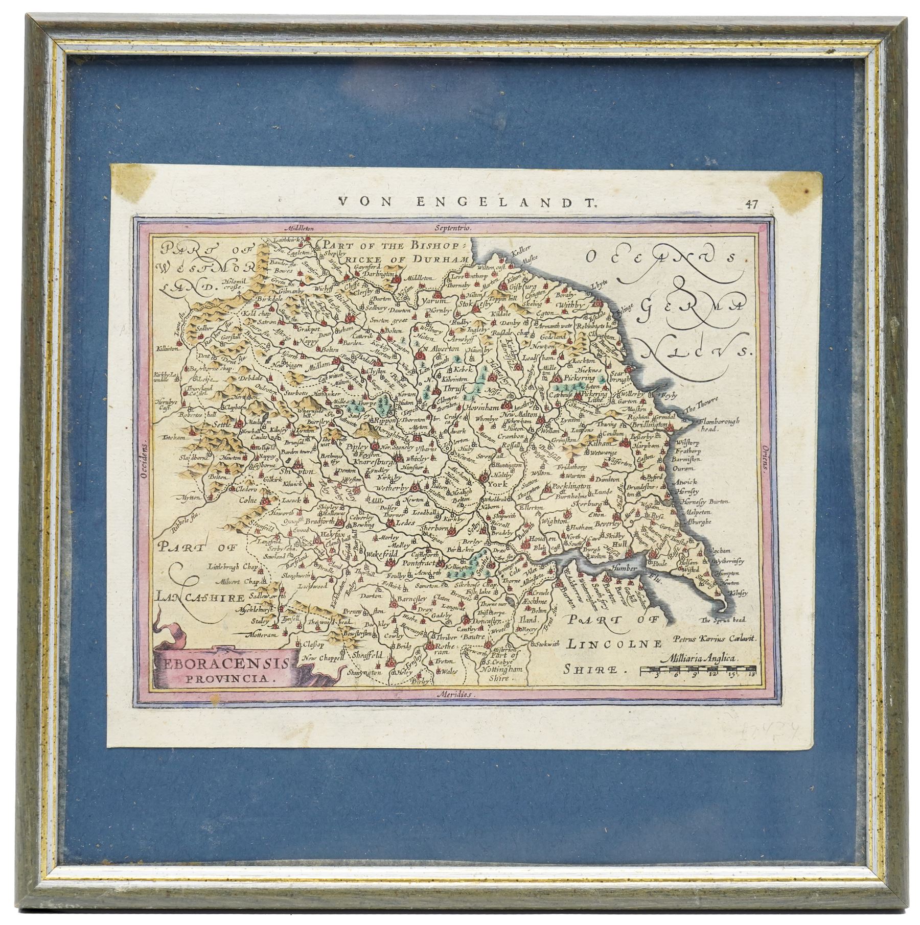 Gerard Mercator (Flemish 1512-1594) and Jodocus Hondius (Flemish 1563-1612): 'Eboracensis Provincia', 17th century engraved map with hand-colouring of Yorkshire with German text title ('Von Engelandt') from the German edition of the Atlas c.1640, 19cm x 23cm